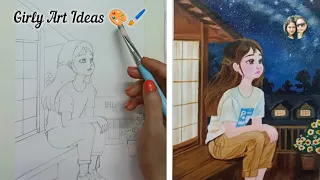 Beautiful Acrylic Painting Of A Girl Looking At The Sky/Cute Girl Drawing Easy Steps