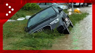 Nubifragio sulla zona ovest di Bergamo: strade allagate a Curno, auto finisce in un fosso