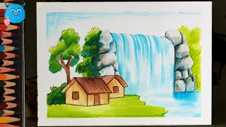 How to Draw Nature Scenery of Waterfall Drawing for Beginners Very Easy with Color Pencils