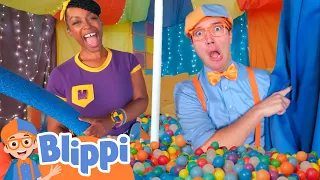 Blippi vs Meekah Build A Giant Box Fort with Ball Pit