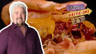 BBQ Burger Topped with PORK Rinds | Diners, Drive-ins and Dives with Guy Fieri | Food Network