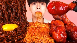 MUKBANGㅣ직접만든! 매운 팽이버섯+짜장라면+양념치킨 리얼사운드 먹방!🍗Chicken+Mushroom+Noodle Korean ASMR 후니 Hoony Eatingsound