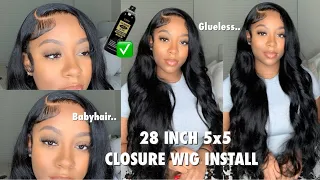 EASY 5x5 HD CLOSURE WIG INSTALL | 28 INCHES USING EBIN WONDER LACE ADHESIVE SPRAY | Nadula Hair