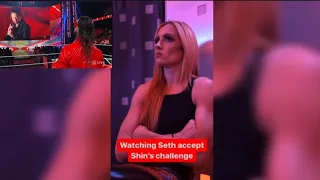 Becky Lynch's reaction to her husband Seth Rollins accepting Shinsuke Nakamura's challange.