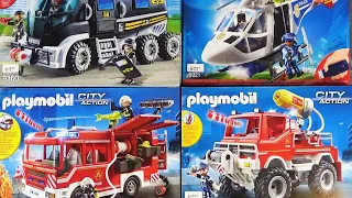 Let's assemble and play a playmobil fire engine, rescue person, police vehicle, helicopter ♪
