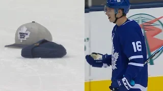 Mitch Marner scores trying to set up hatty for Tavares, triggering hats to fly inadvertently