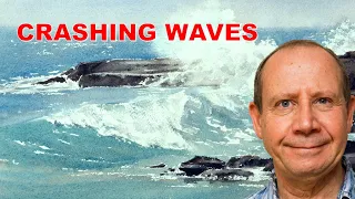 Full watercolor painting demonstration of waves crashing on rocks with spray. Rocks, foam, and sea.