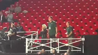 Arvydas Sabonis and his wife Ingrida at the end of the game Lithuania vs Georgia at 2015 Euro