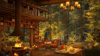 Ambient Forest Coffee Shop | Relaxing Rain and Crackling Fire for Stress Relief, Study and Work 🌲