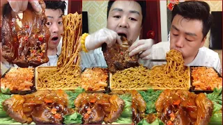 ASMR EATING SPICY MEAT & YELLOW NOODLES | EAT DELICIOUS MOUTH WATERING FOOD | XIAOFENG MUKBANG #47