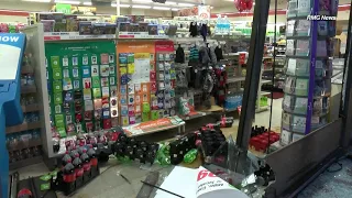 Girl crashes into a 7-Eleven then drives away after all her friends run on foot, Pasadena, Ca