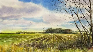 Watercolour Landscape / How To Paint Cloudy Skies & Trees / Real Time