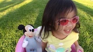Cute little girl drives Baby Mickey in her pink car! Part 2 /Pink Power Wheels Ride | EllieBellyToys