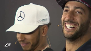 2017 F1 British GP Lewis Hamilton Daniel Ricciardo funny moment (Vettel birthday joke)