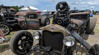 Rat Rod burnout contest big tired Ford rat rod does nasty burnout will the tire hold on?