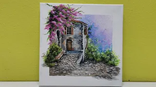 Italian Garden House Acrylic Painting /Step By Step Tutorial For Beginners