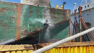 Ultra High Pressure water blasting at work in shipyard