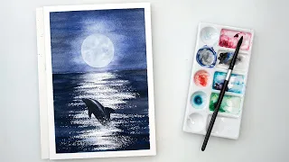 Watercolor seascape painting tutorial - dolphin and full moon