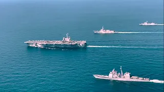 US Navy and Republic of Korea Navy ships steam in formation