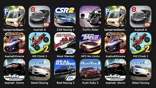 Camper Van Beach, Asphalt 8, CSR Racing 2, Traffic Rider, Asphalt Xtreme, Hill Climb 2, Most Wanted