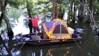 Jon Boat Camping in a FLOODED FOREST! Catch Cook Camp