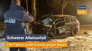 LAUTERBACH: Schwerer Alleinunfall am Sonntagabend: VW-Fahrer prallt frontal gegen Baum