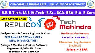 Tech Mahindra | Replicon off-campus Hiring 2022 | Coding/Non-Coding Job | Must Apply | CTC 6 LPA