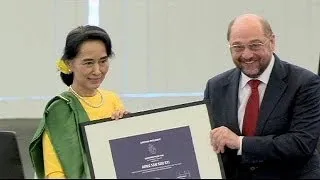 Aung San Suu Kyi shines spotlight on democracy as she receives Sakharov Prize