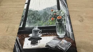 Rainy window and Flower Vase || Step -by -Step Acrylic Painting