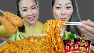 Samyang Stew Fire Noodle, Korean Corn Dog & Cheesy Rice Cake Mukbang with SAS ASMR | N.E Let's Eat