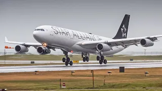 (4K) Windy & Rainy Arrival Lufthansa A340 Star Alliance at Vancouver YVR