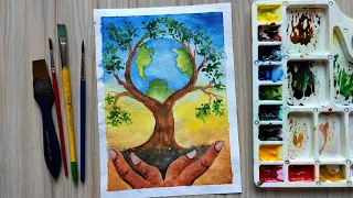 World Environment Day Drawing | 5th June Environment day easy watercolor painting | Save Environment
