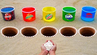 Coca Cola, Mirinda, Mtn Dew, Fanta, Pepsi vs Mentos in Different Holes Underground!