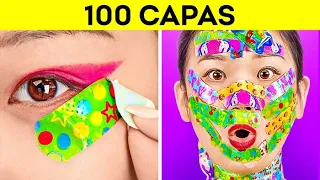 ¡DESAFÍO DE 100 CAPAS! 100+ Capas de maquillaje, uñas, curitas y lápiz labial por 123 GO! CHALLENGE