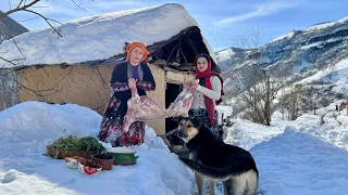 Lamb and Onions Cooked with Dried Fruits in Snowy Cold Day of Village