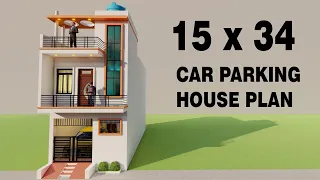 कार पार्किंग के साथ दो मंजिल का मकान,3D 15 By 34 Makan Ka Naksha,Duplex Front Elevation