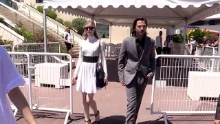 Diego Luna and Erin Moriarty coming out of the Blood Father press conference heading to Agora in Can