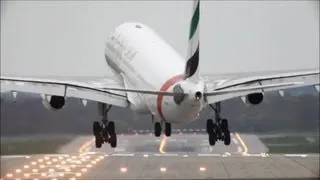 Emirates Airbus A340 and Air Berlin A330 close up crosswind landing at Düsseldorf HD