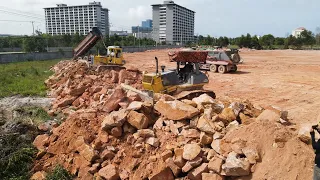 Ep122| Best Massive Filling Stone Project Strongly Bulldozer And Dump Trucks Operated Pushing
