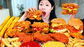 ASMR MUKBANG| Real Chicken Burger! Spicy Fried Chicken, Long Cheese stick, Cheese burger.