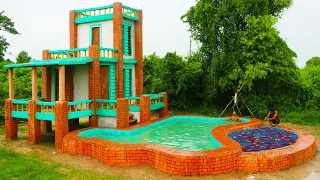 Build Modern Two Story Survival House & Beautiful Brick Swimming pool, Fish Pond Design In Forest