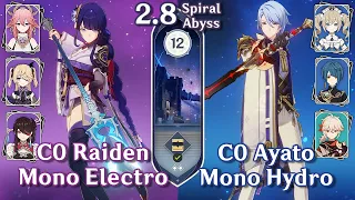 C0 Raiden Mono Electro & C0 Ayato Mono Hydro - Spiral Abyss 2.8 - Floor 12 9 Star - Genshin Impact