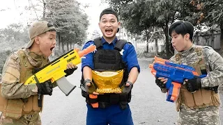 Battle Nerf War: Blue Police Skills Use Nerf Guns Robbers Group GOLD BATTLE