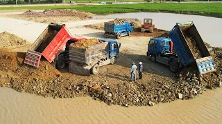 Wonderful View Land Filling Up 5Ton Dump Truck And Mini KOMATSU Bulldozer Pushing Stone