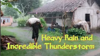 Peaceful Little Village | Walk in Heavy Rain and Violent Thunderstorms | Rural Life in Indonesia