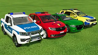 POLICE CARS OF COLORS ! TRANSPORTING DACIA & VOLKSWAGEN POLICE CARS WITH COLORED TRUCKS - FS22