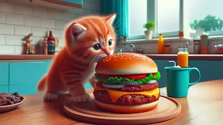 Cat cannot stop to Grow while eating hamburger 😿😻| Sad Cat story #cat #cutecat #catburger