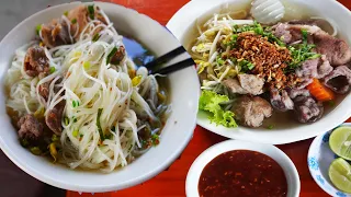 Cambodian street food, giant bowl of beef noodle soup breakfast, mouth watering street food