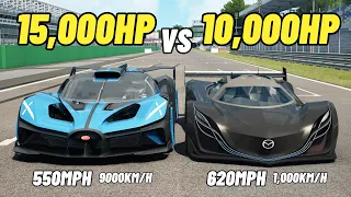 15,000HP Bugatti Bolide VS 10,000HP Mazda Furia DRAG RACE 2023