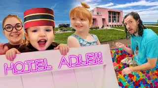 ADLEY HOTEL is now OPEN!!  Master Niko helps Dad check in! NO PETS! Orbeez Spa! family pretend play